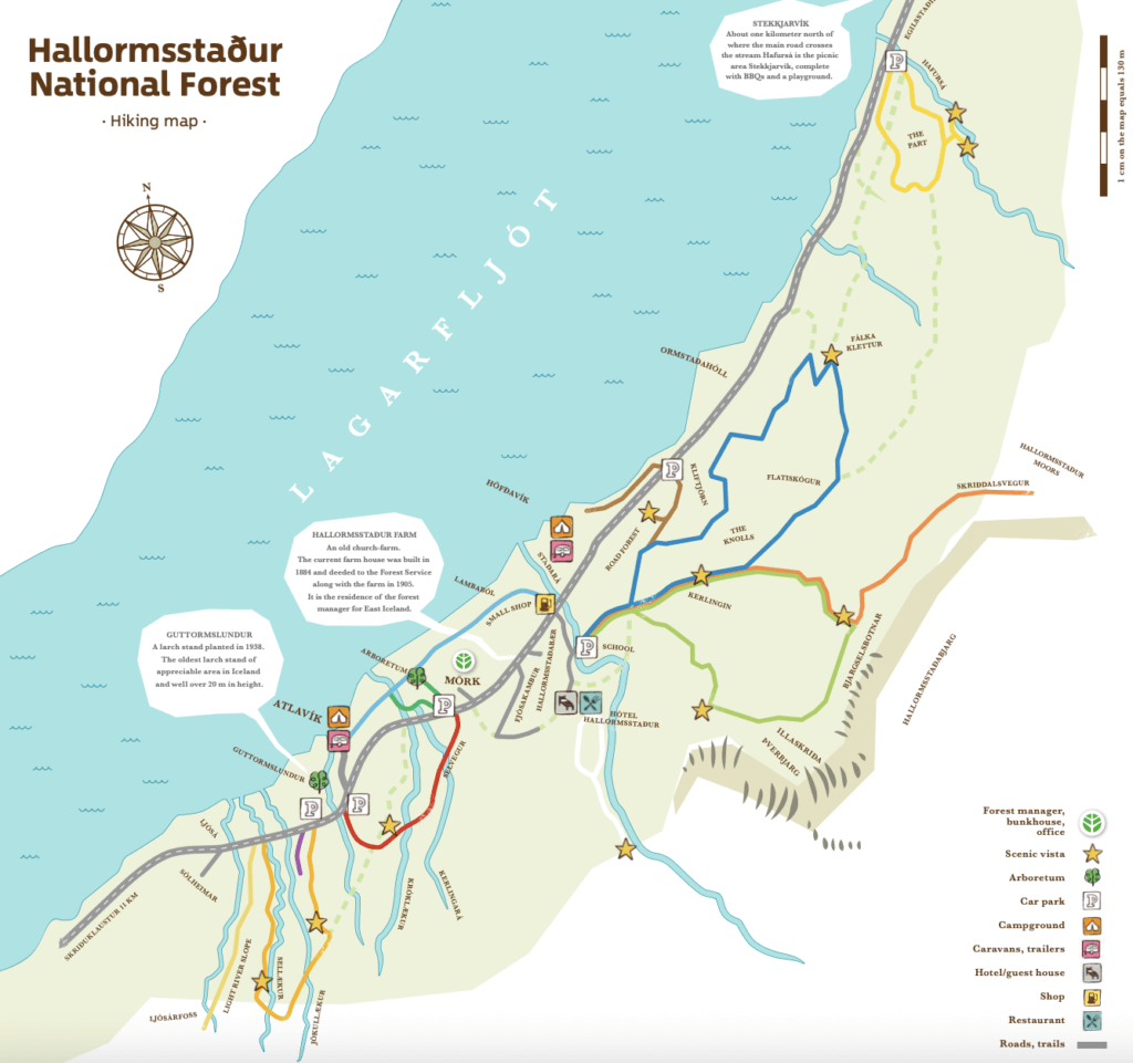 מפת שבילי ההליכה ביער Hallormsstaður